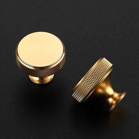 Joy Decor brushed-brass knob, side view showing knurled grip for comfortable daily use.