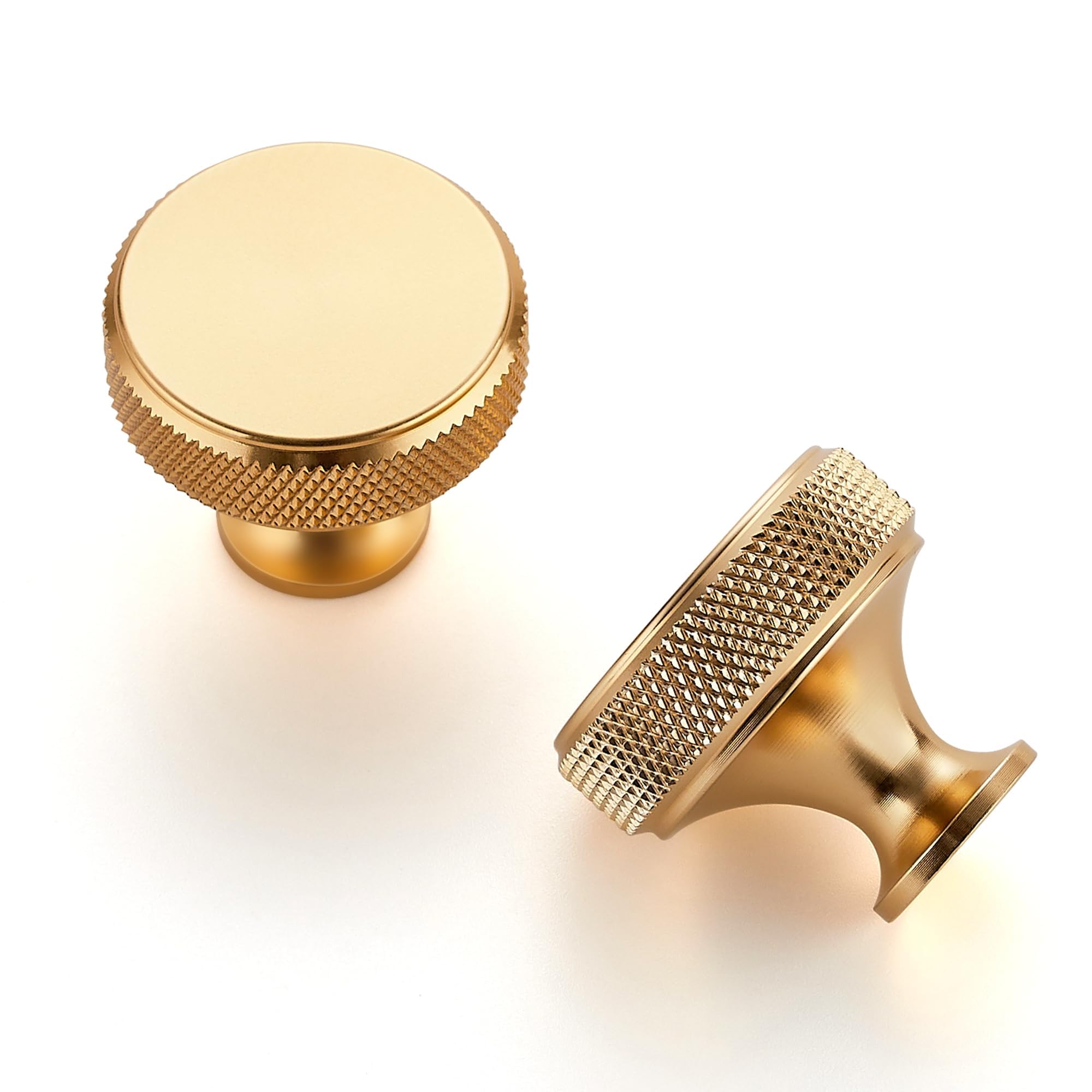 Joy Decor brushed-brass kitchen knob, top view, round knurled for premium cabinet style.