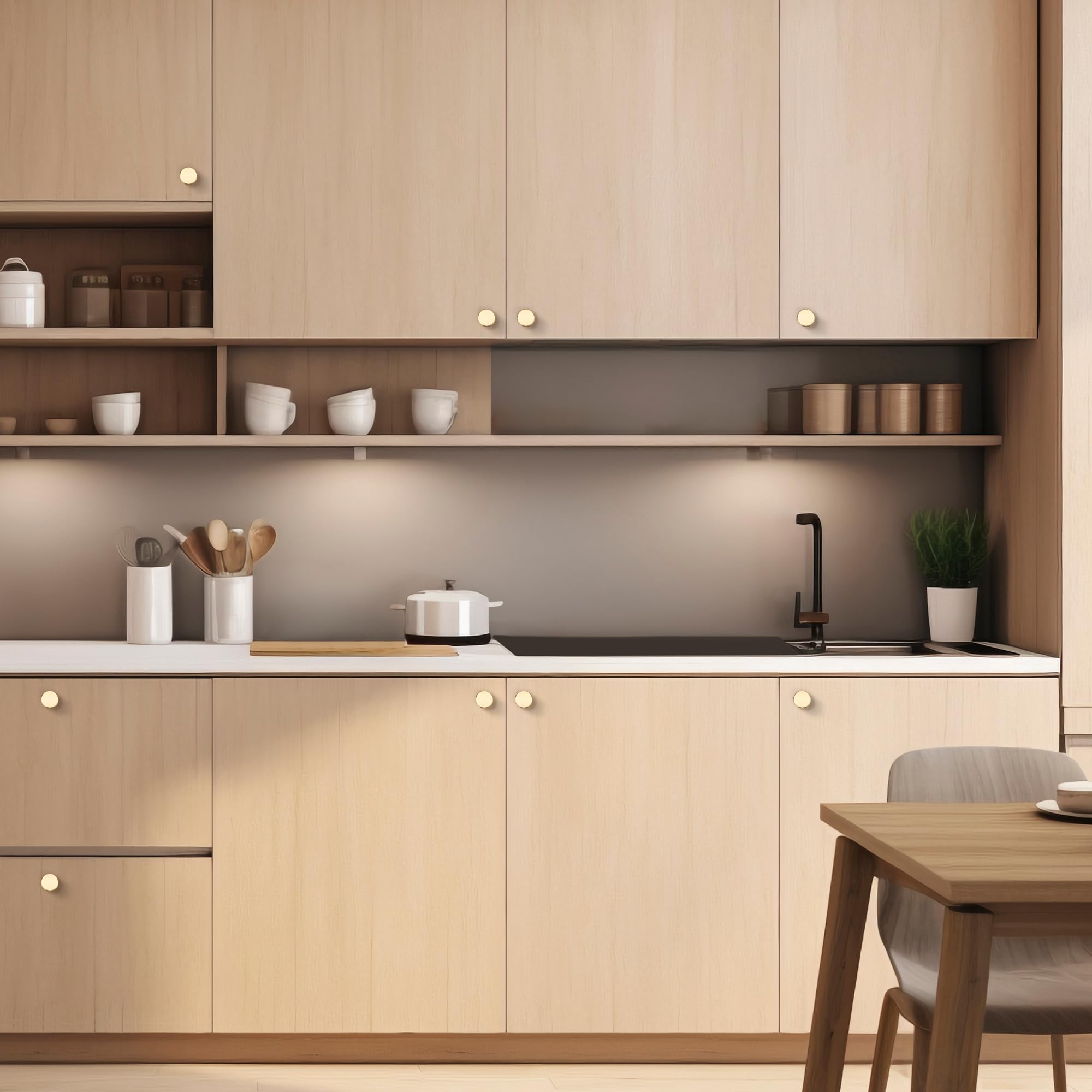 Joy Decor brushed-brass knob on cabinets enhances wood grain with elegance.