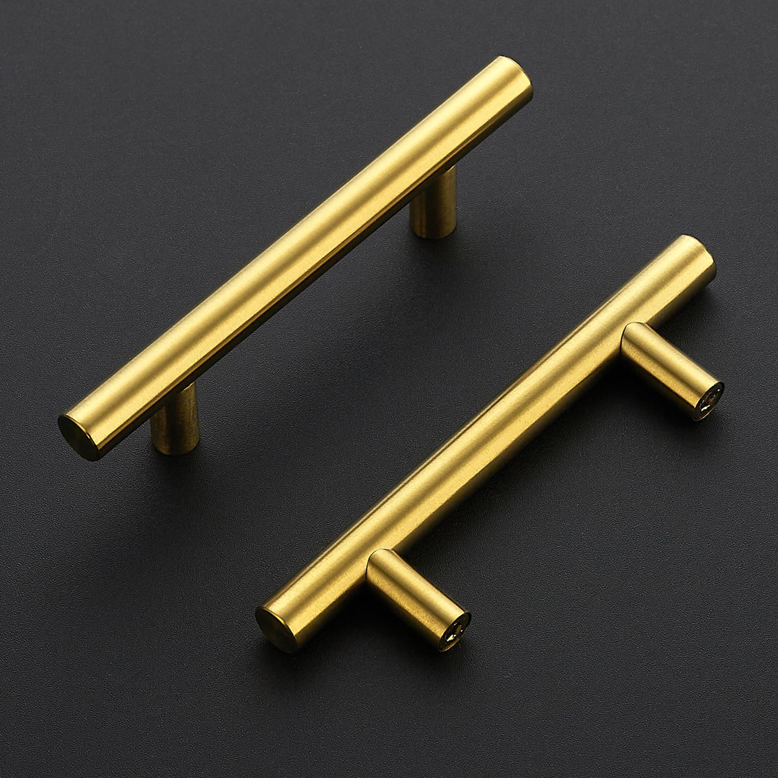 Joy Decor brushed brass T-shaped handle highlights contemporary kitchen aesthetics.