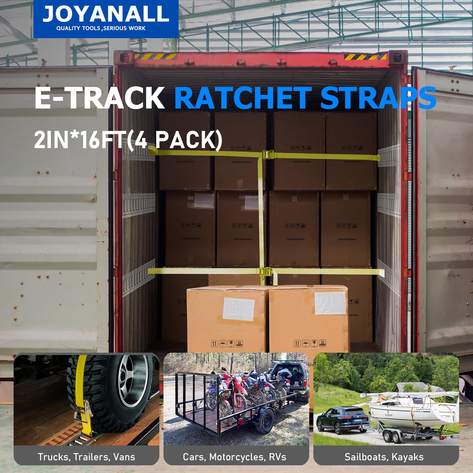 JOYANALL E-Track ratchet strap close-up showing durable polyester and robust hooks.