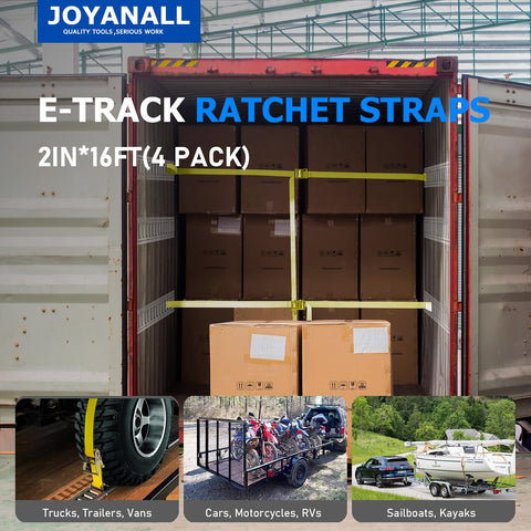 JOYANALL E-Track ratchet strap close-up showing durable polyester and robust hooks.