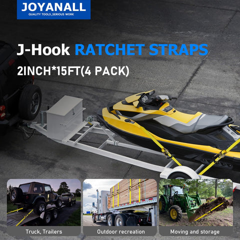 JOYANALL ratchet straps with double J-hooks for reliable securement in all weather.