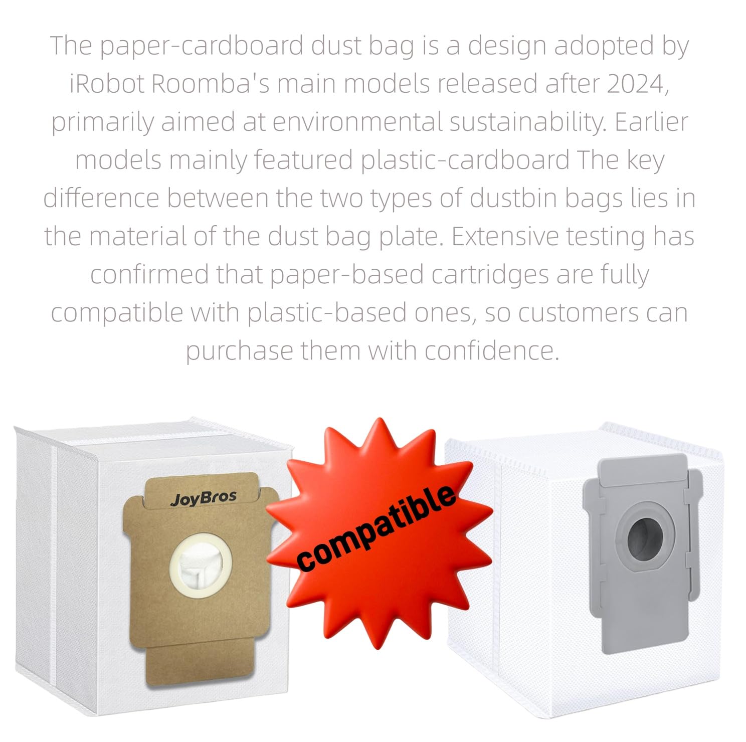JoyBros dust bags inside Roomba bin illustrating easy, mess-free disposal.