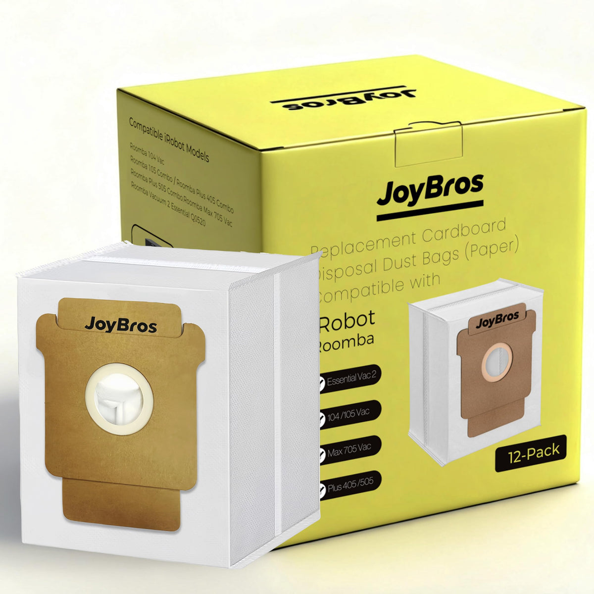 JoyBros 12-pack dust bags shown with Roomba model compatibility across multiple series.