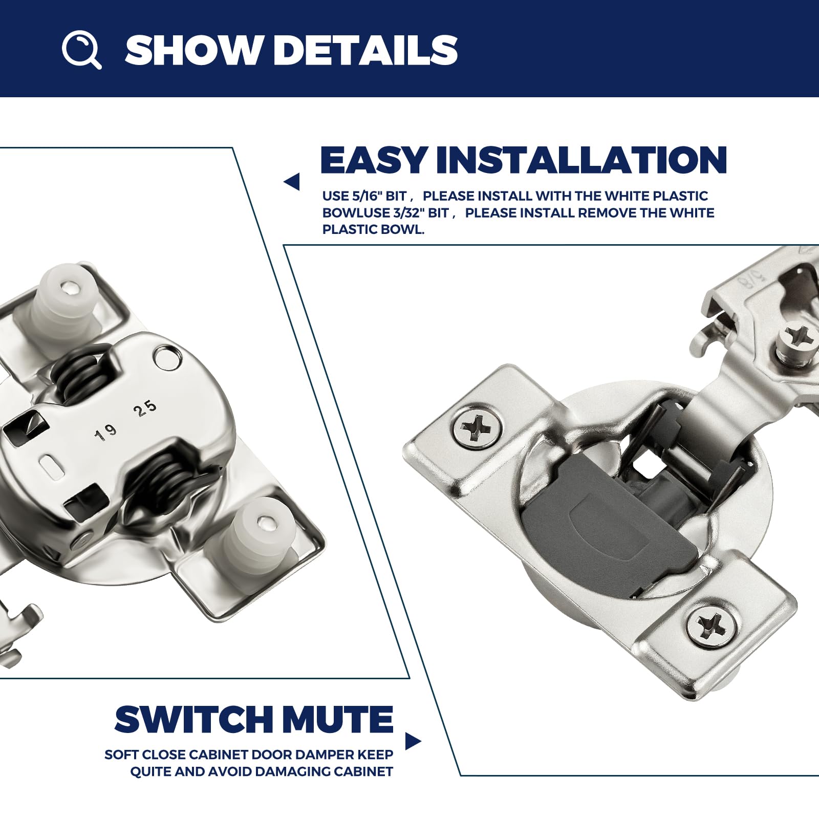 JOY DECOR concealed stainless-steel hinges highlight durable hidden mounting for clean cabinet lines