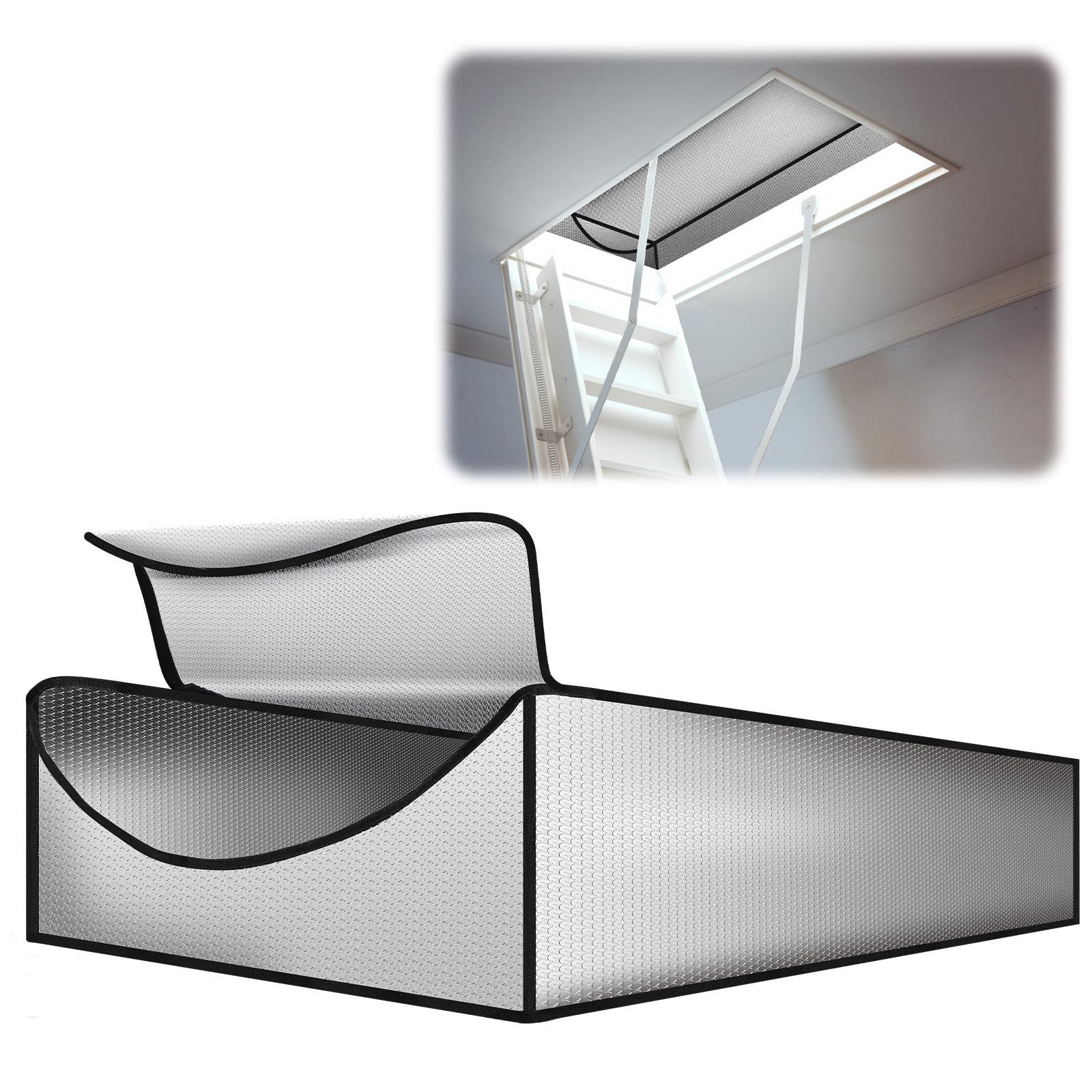 Joyfolk attic-stairs-insulation-cover laid over a 60 in L x 30 in W x 11 in H opening for a tight seal