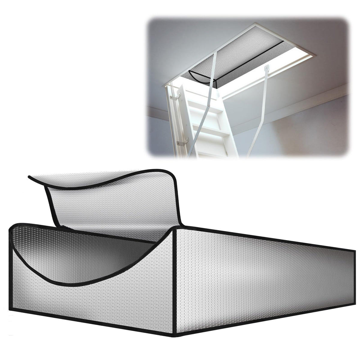 Joyfolk attic-stairs-insulation-cover laid over a 60 in L x 30 in W x 11 in H opening for a tight seal