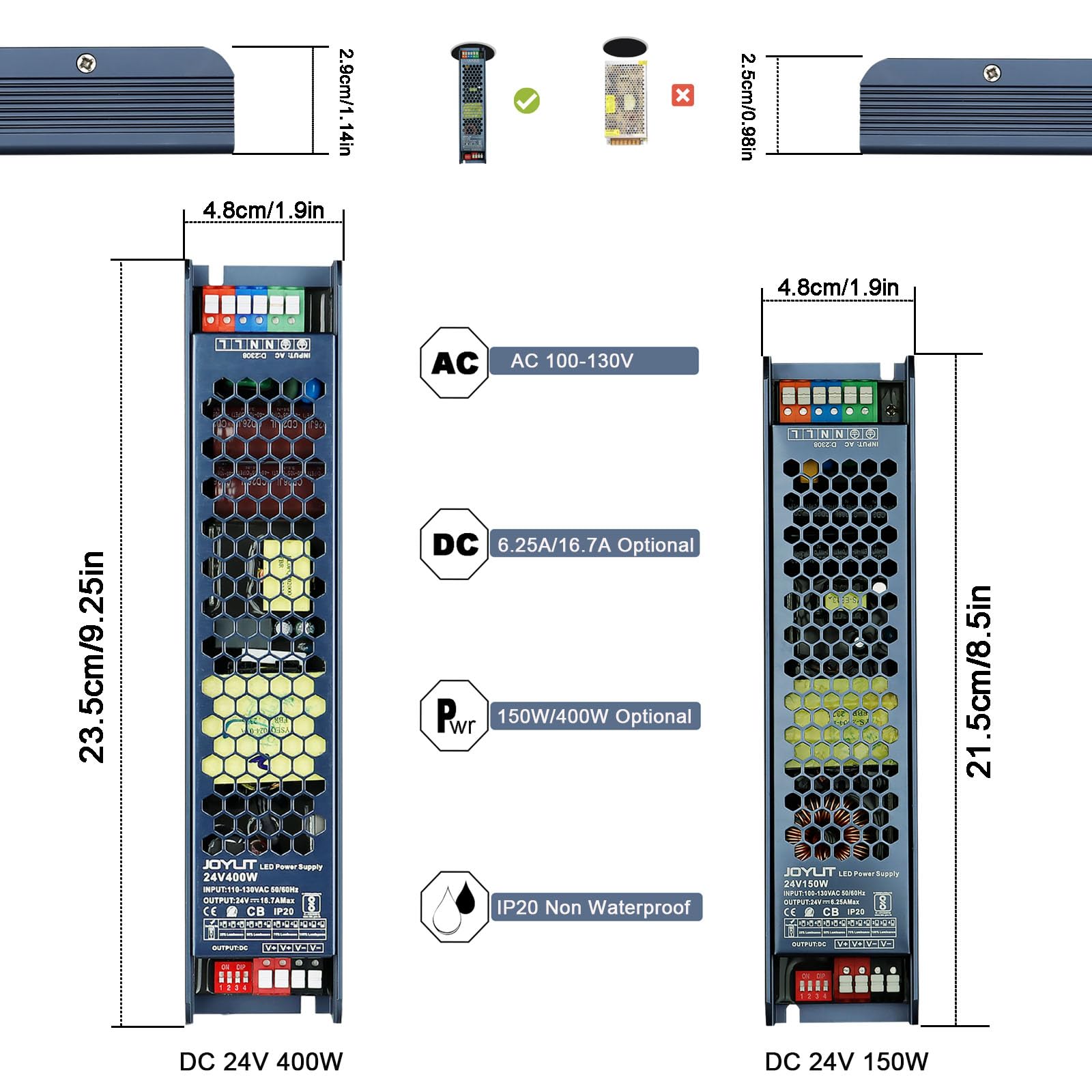 JOYLIT 24V power supply with DIP switch for voltage tuning.