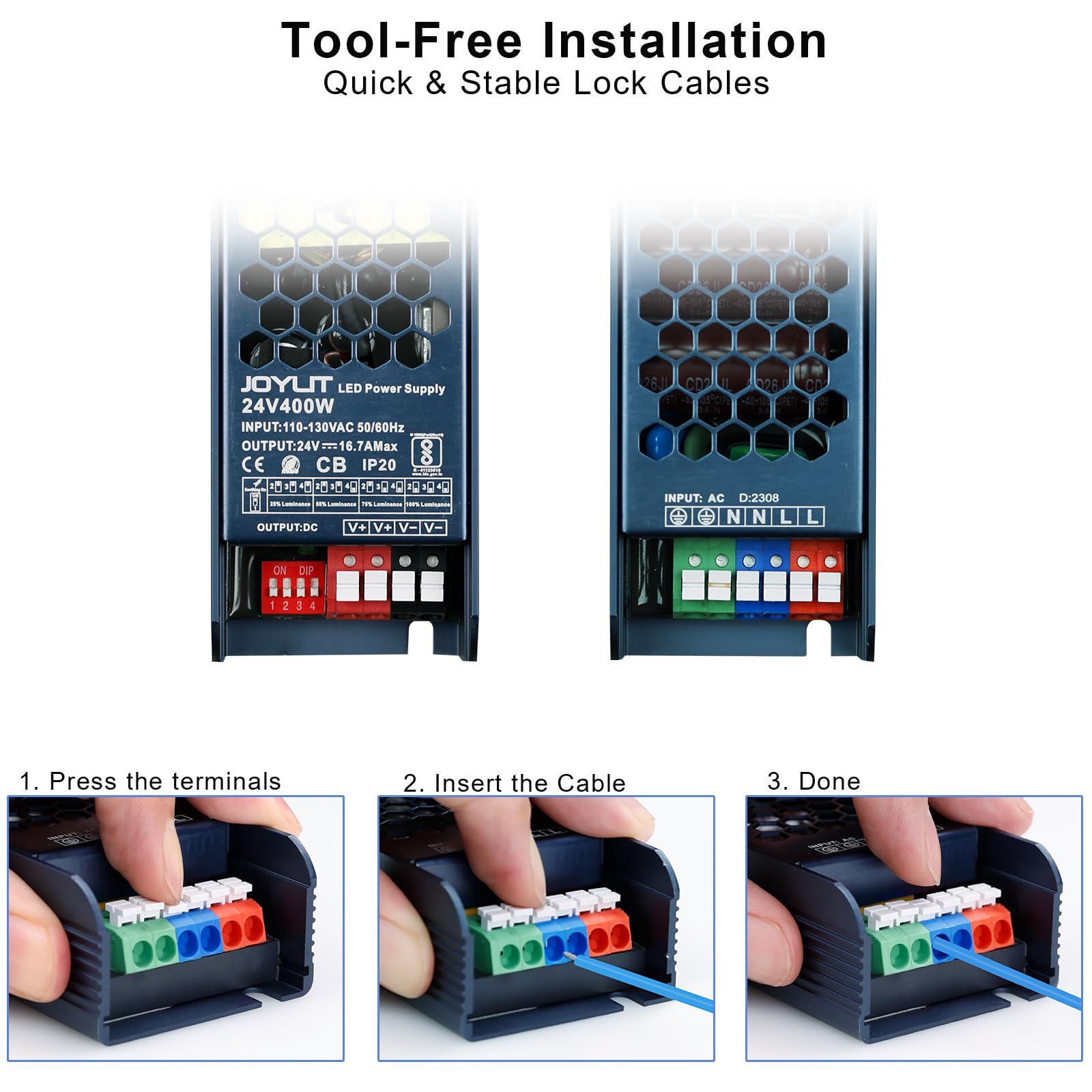 JOYLIT 24V power supply soft-start gradually brightens for comfortable lighting.