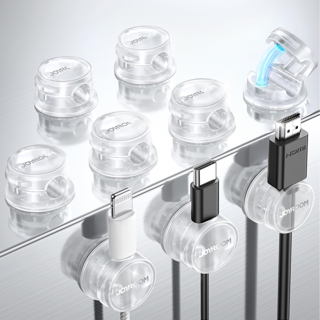 JOYROOM nine-pack cable clips organize desktop cables neatly.