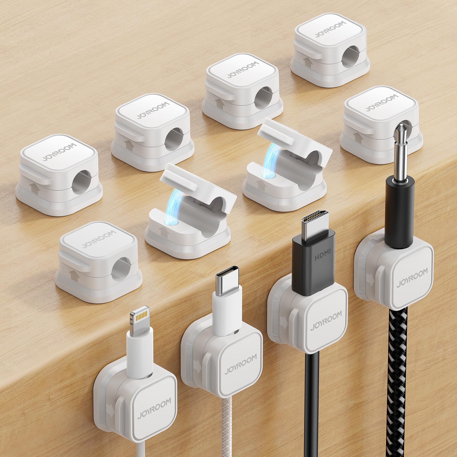 JOYROOM magnetic cord holder on a desk showing organized cables for easy reach