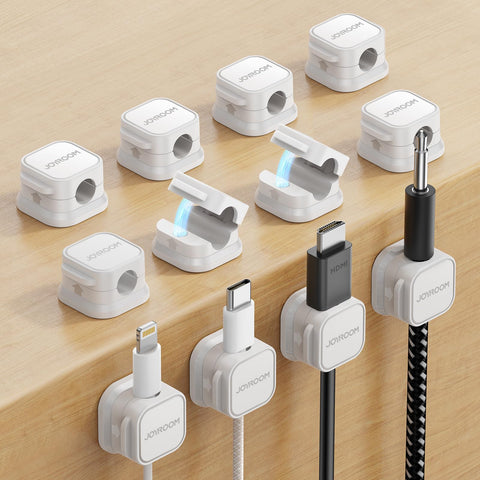 JOYROOM magnetic cord holder on a desk showing organized cables for easy reach