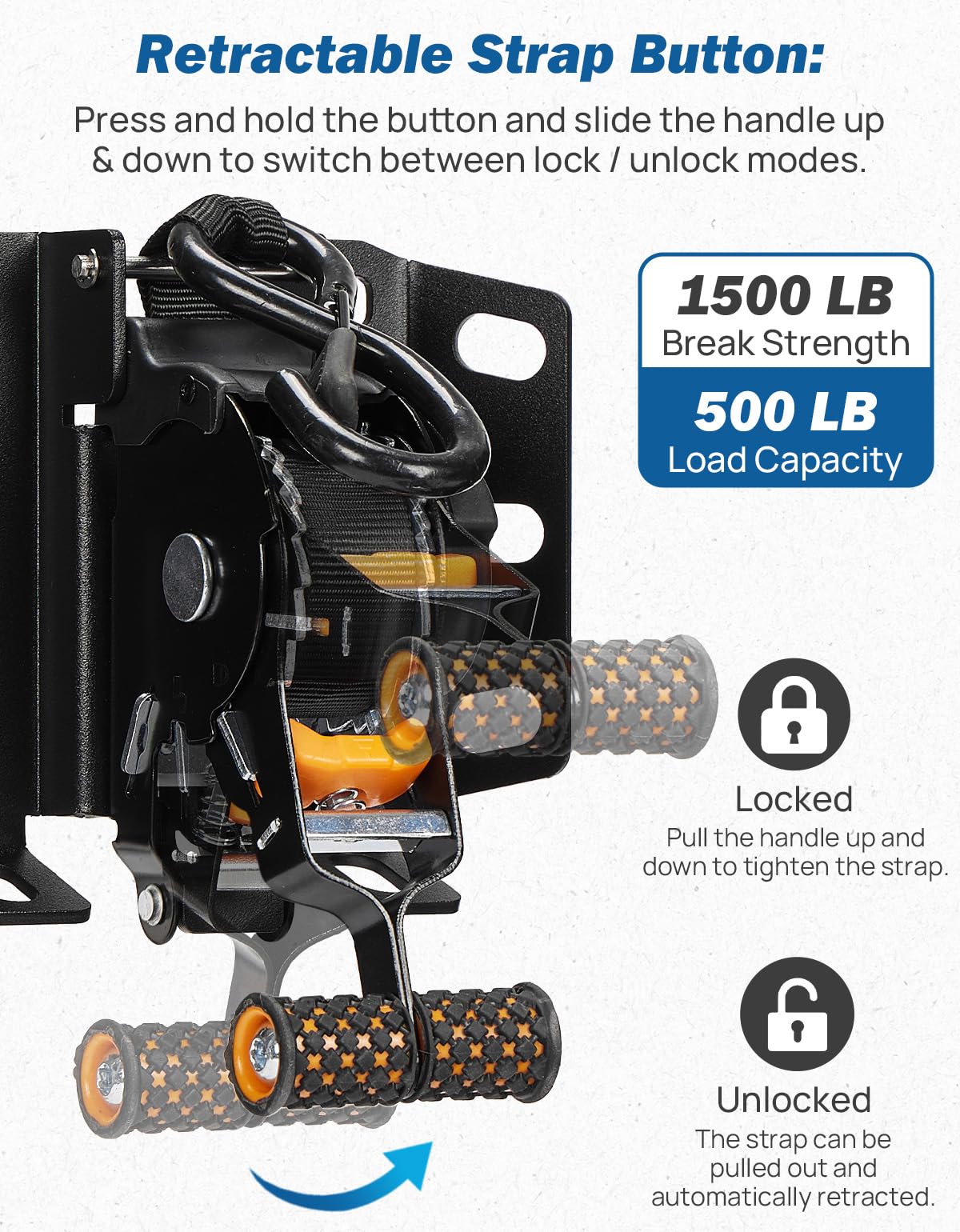 JOYTUTUS retractable ratchet strap bedside installation showing bolt-on compatibility