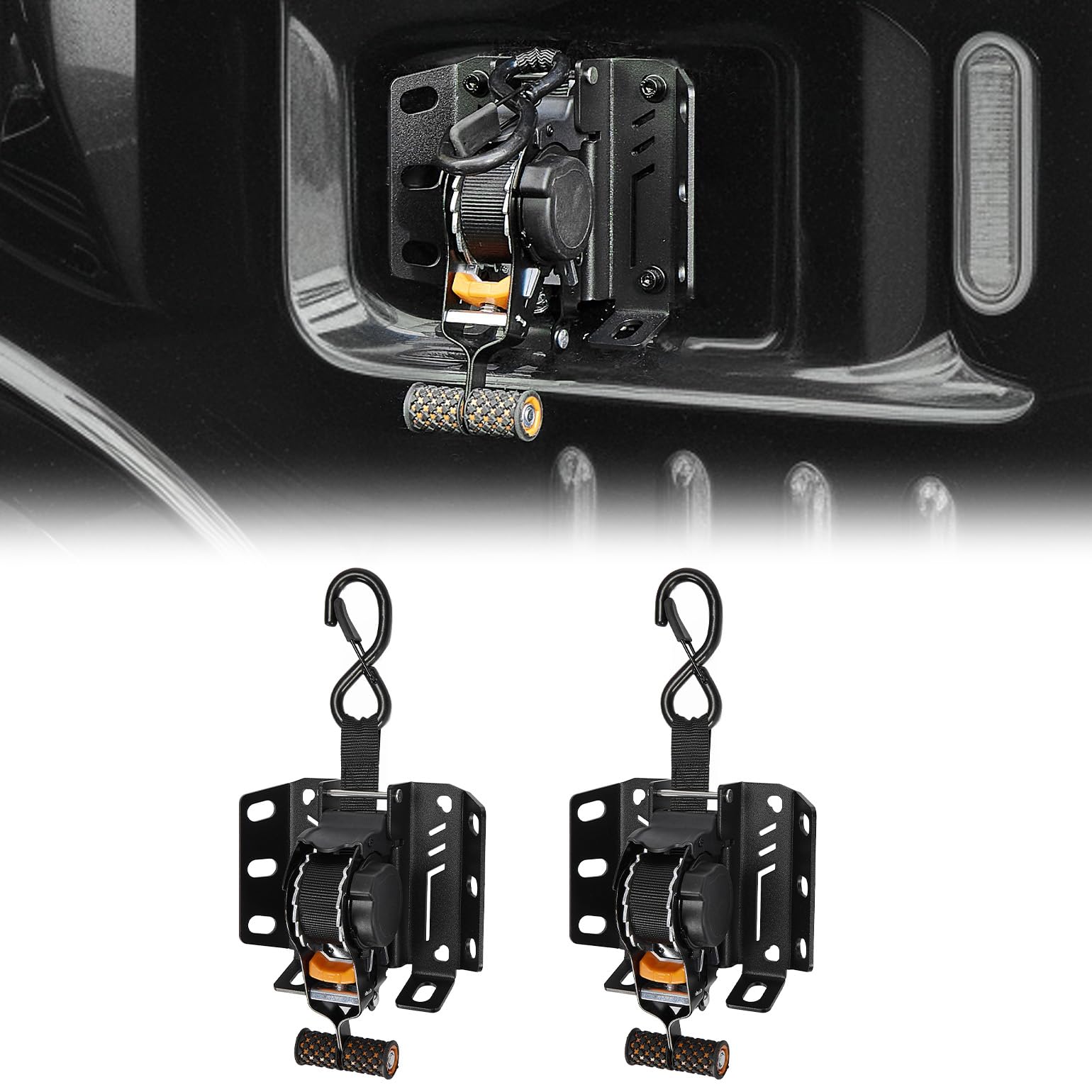 JOYTUTUS retractable ratchet strap front view for F-150 securing heavy loads