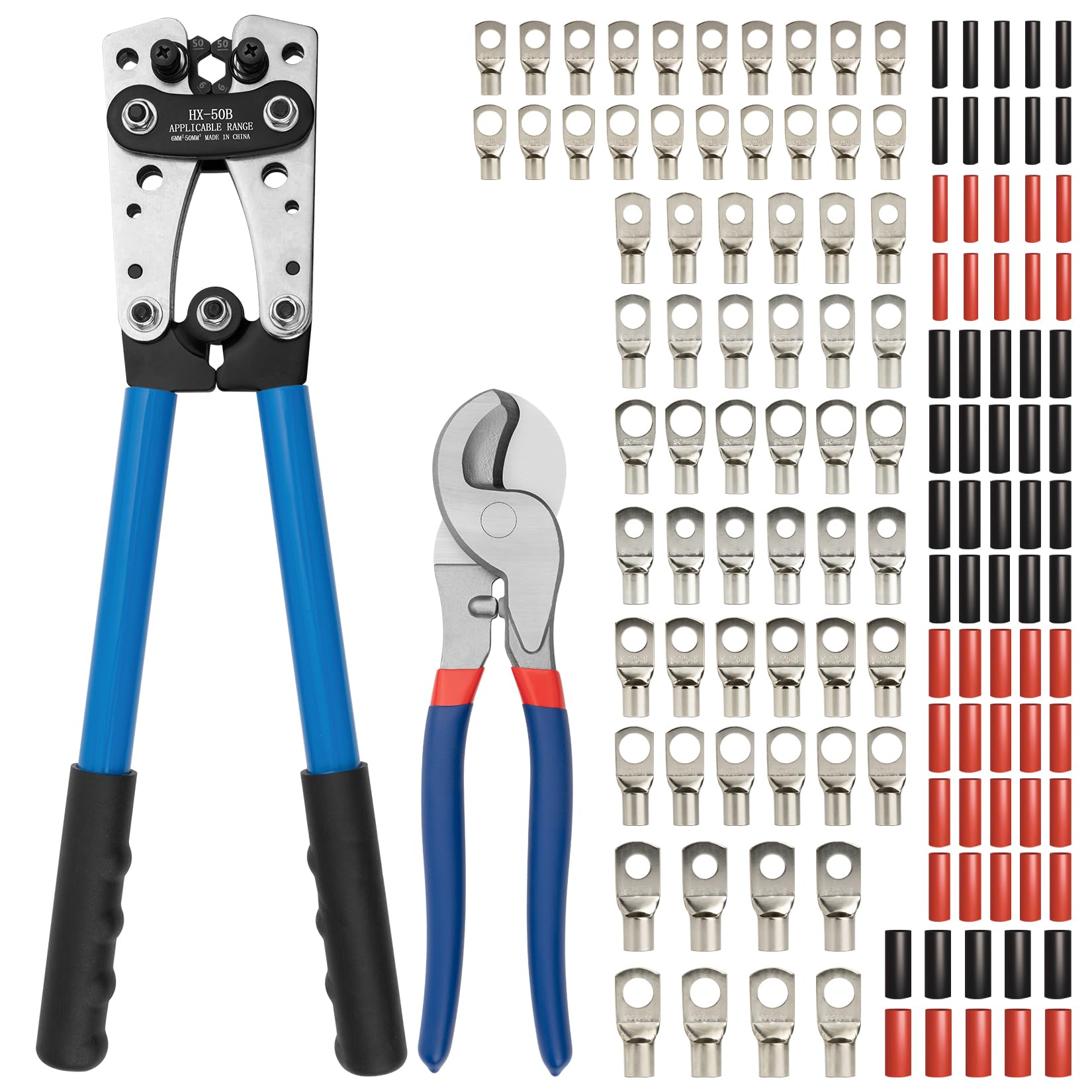 JOYUMY battery cable lug crimping tool kit in use for secure automotive connections.