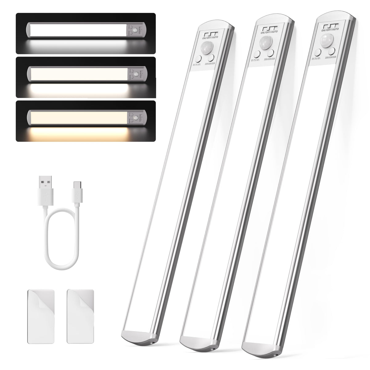 Joyzy 3-pack over-sink light packaging for quick, tool-free setup.