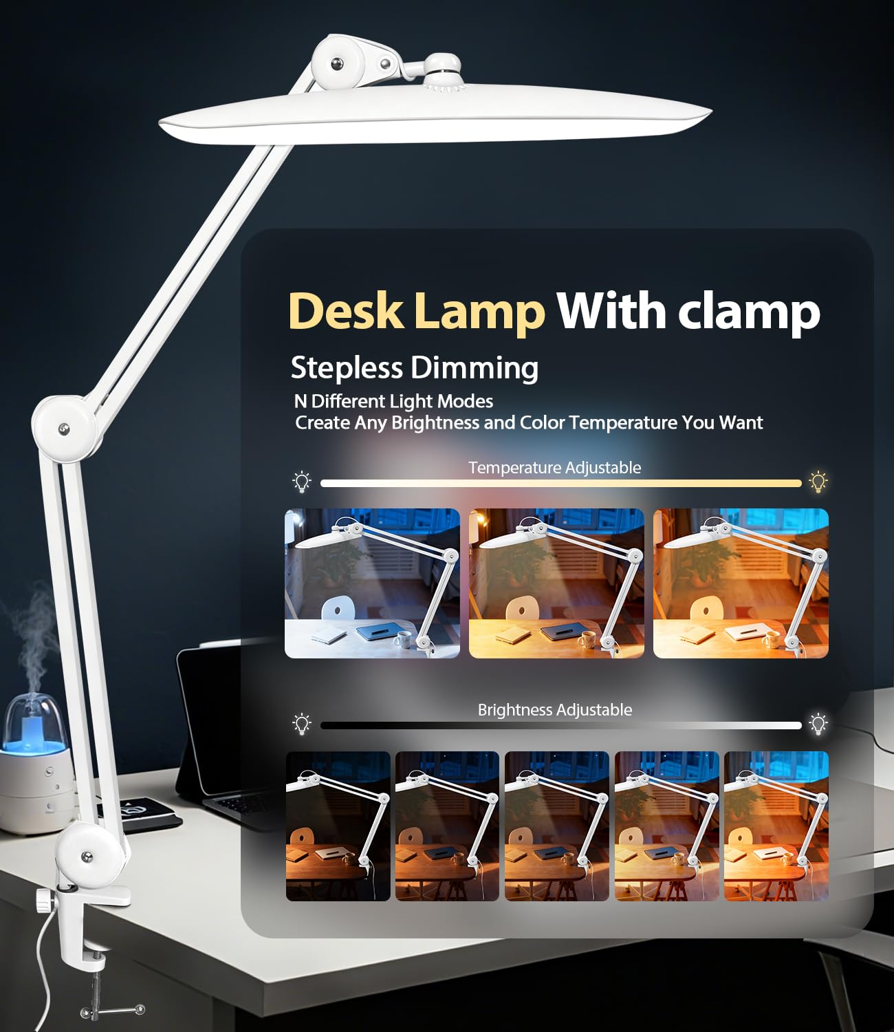 Jozlix desk lamp gooseneck arm extended for expansive workspaces.