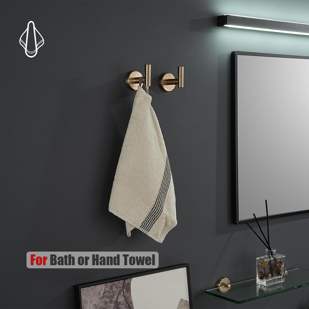 JQK champagne bronze finish adds warm bathroom detail.