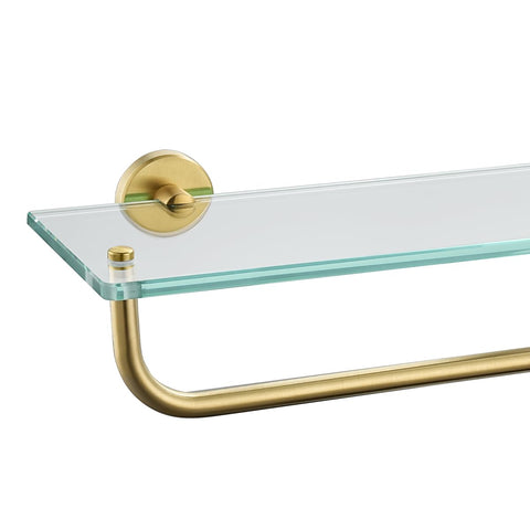 JQK glass shelf front view; brushed gold finish organizes small bathroom items