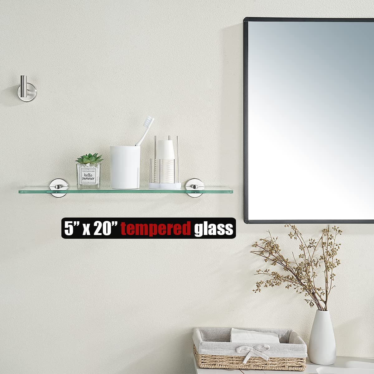 JQK glass shelf in shower demonstrating space-saving storage