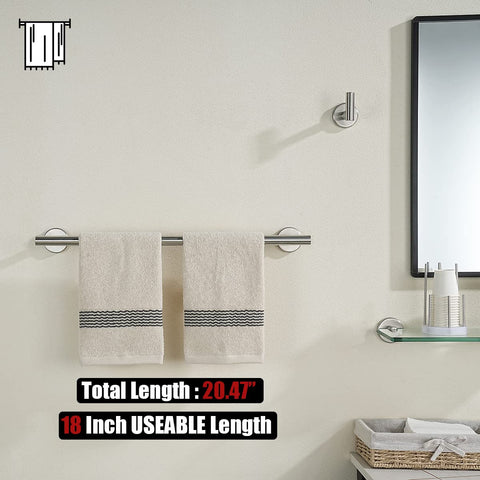 JQK towel bar shows 18-inch usable length for full towels.