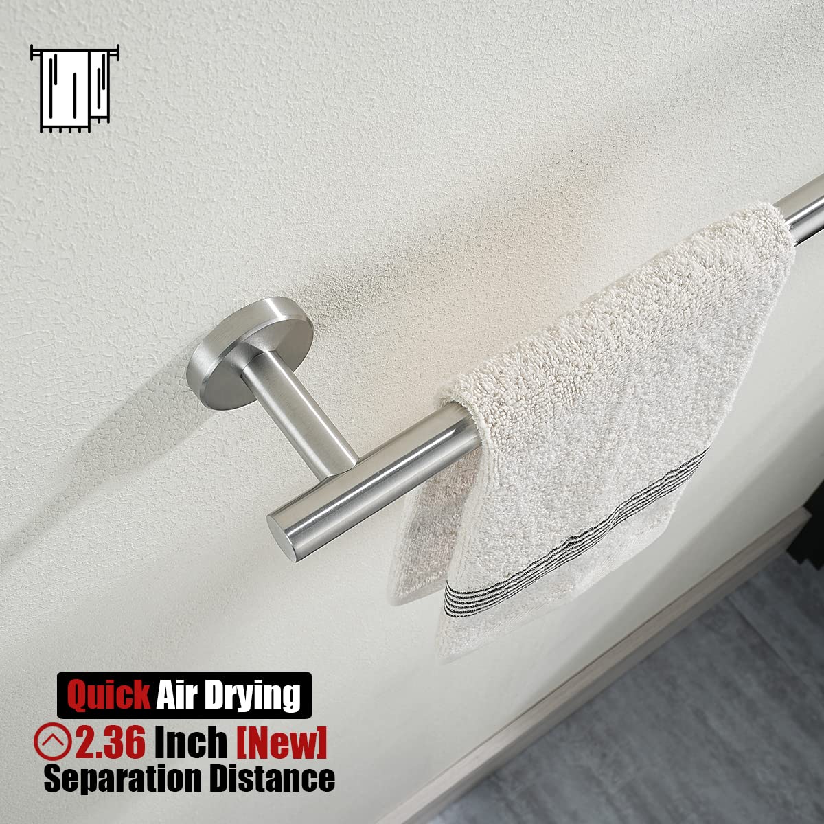 JQK durable, rust-proof towel bar construction in brushed finish.