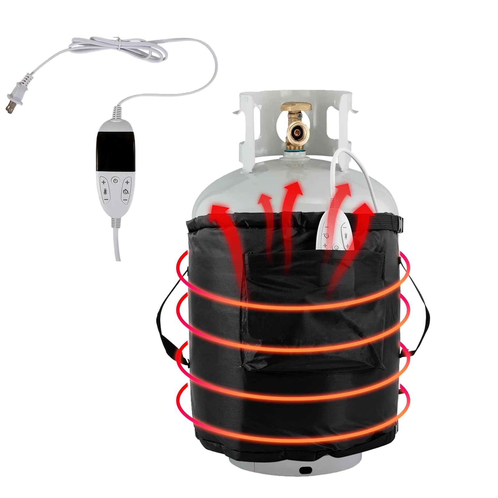 JRAIYBZ propane tank heater blanket on a 5–40 lb tank, ready for cold weather