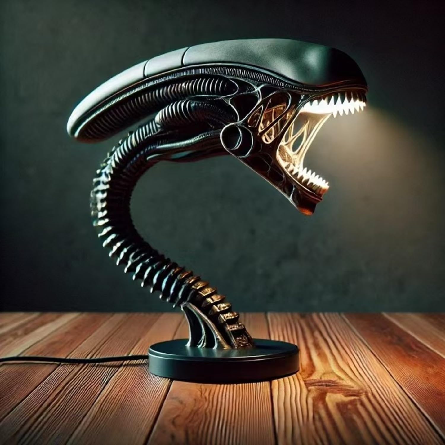 JRPLXIML Xenomorph Alien Desk Lamp front view provides ambient sci-fi lighting for desks.