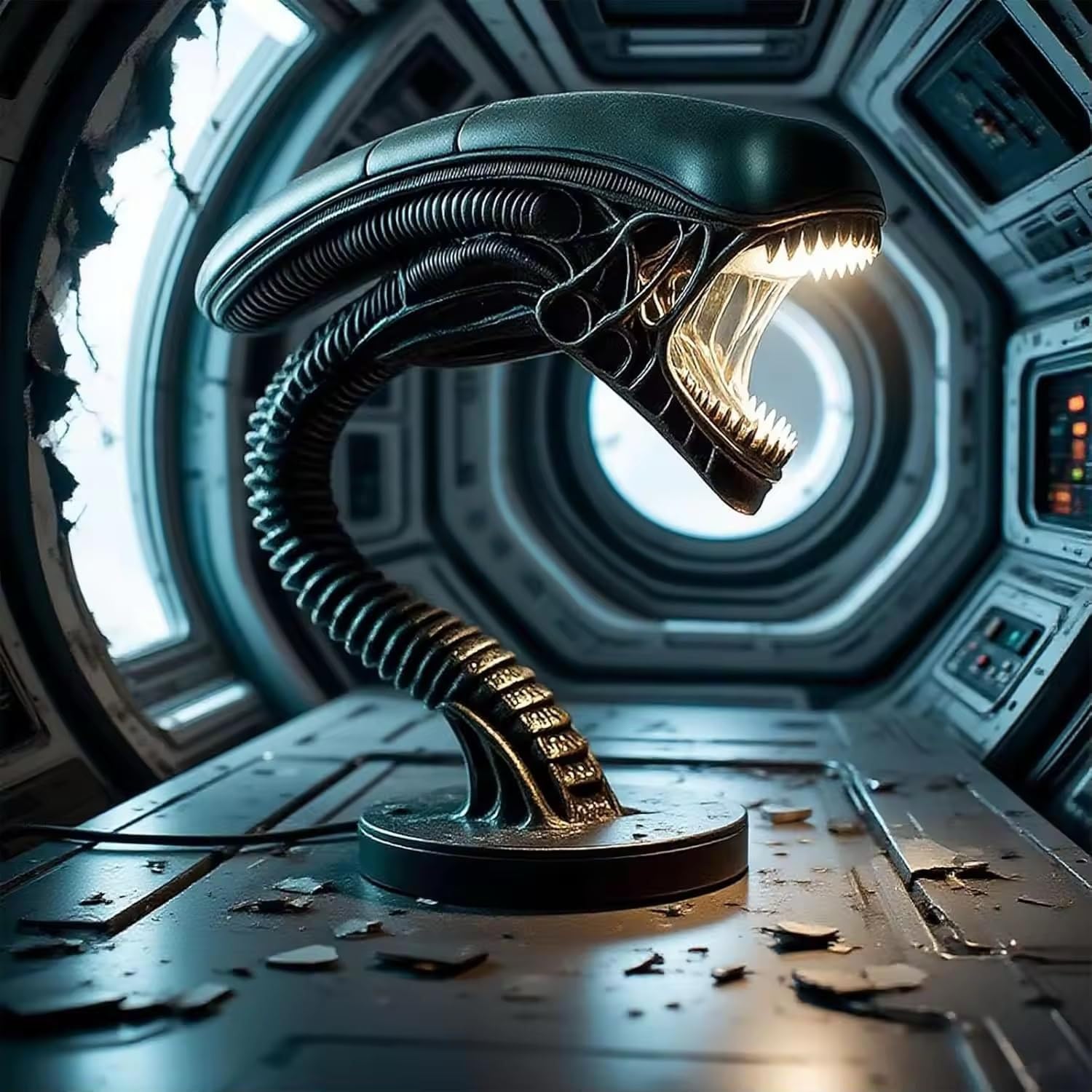 JRPLXIML Xenomorph Alien Desk Lamp side view showcases the skeletal resin design and stable base.