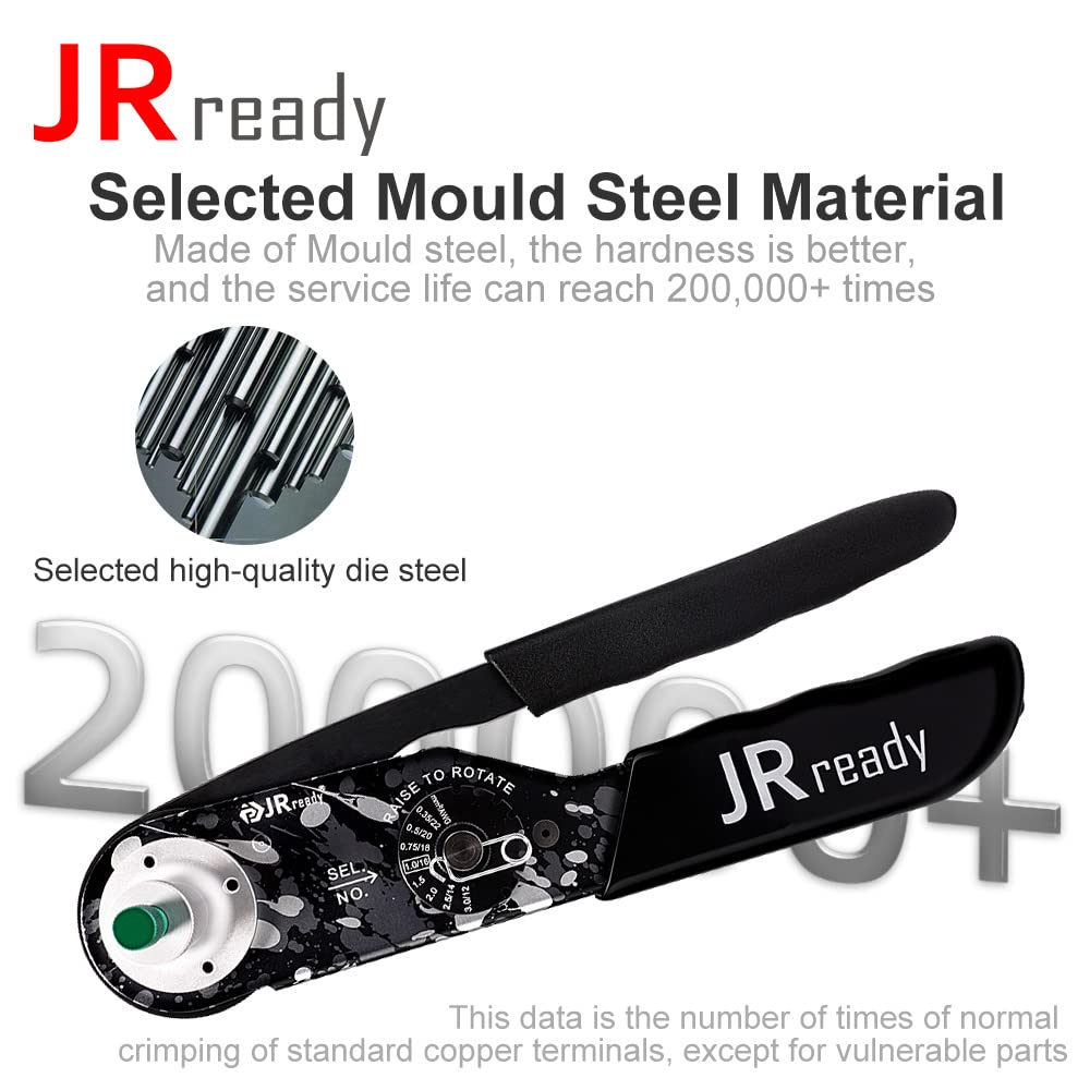 JRready NEW-DT2 crimp-area close-up showing 4-indent 8-impression design.
