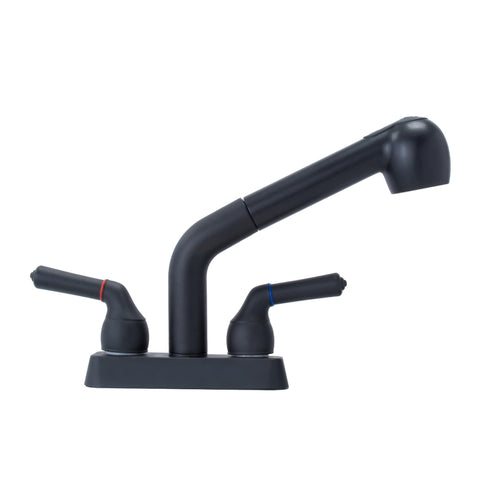 JS Jackson Supplies dual-handle pull-out faucet in black for precise temperature control.