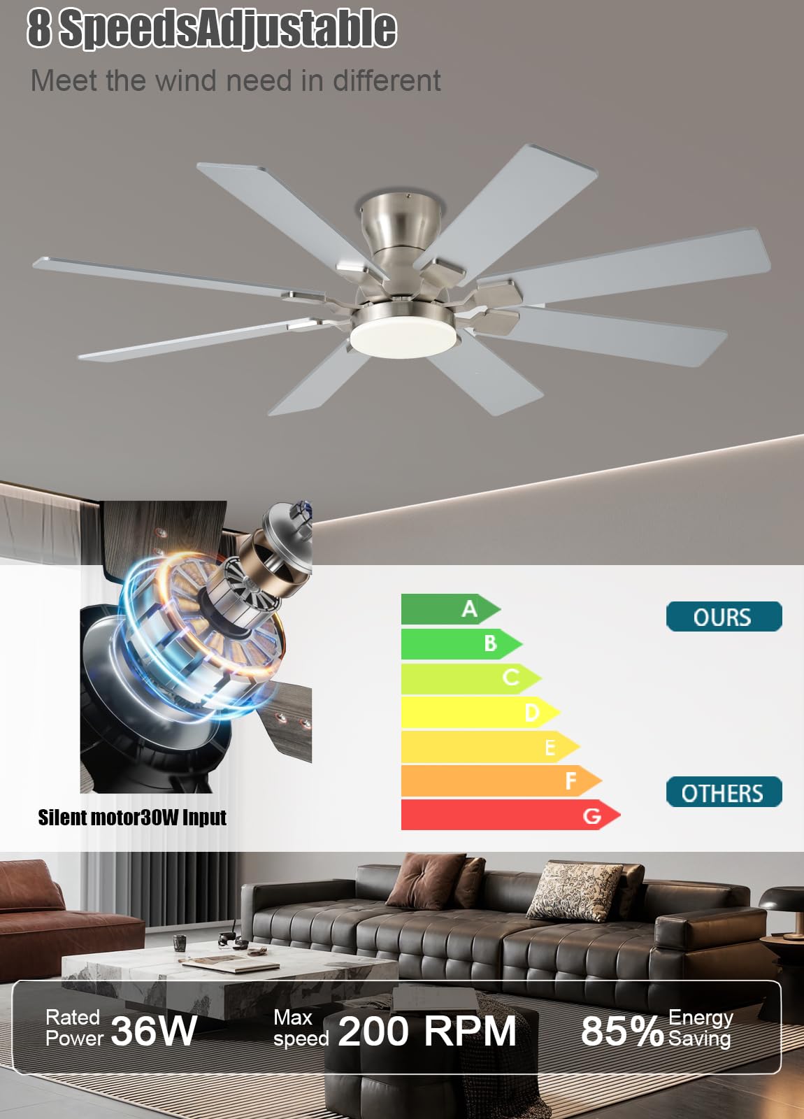 JSAITEE 52-inch fan dimmable RGB lights for versatile ambience