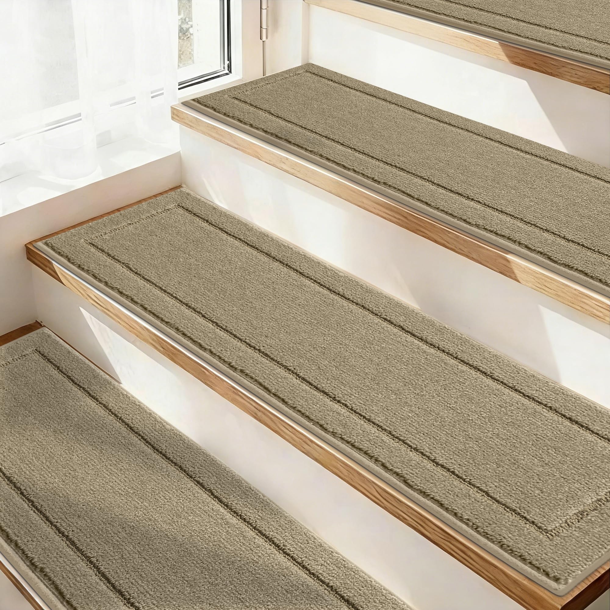 JSEI non-slip stair treads on beige wood stairs for secure footing.