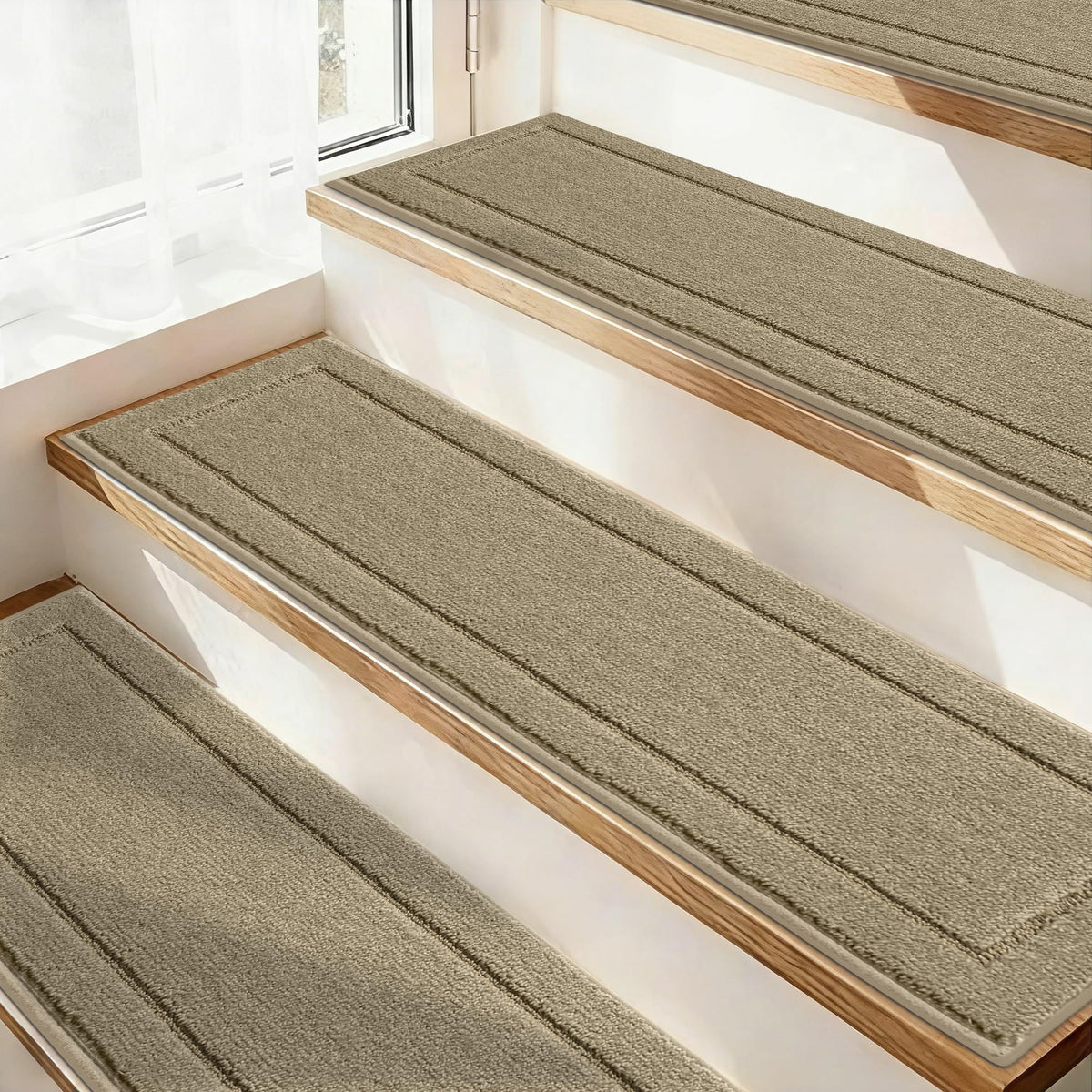 JSEI non-slip stair treads on beige wood stairs for secure footing.