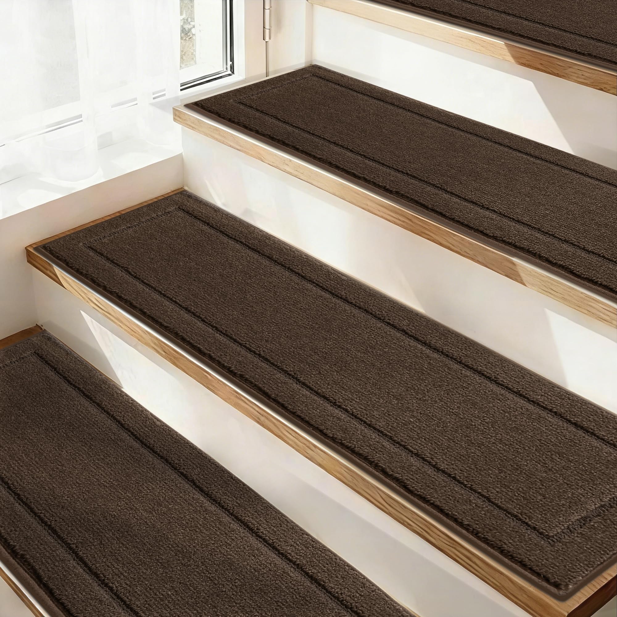 JSEI non-slip stair treads on wooden steps enhance secure footing.