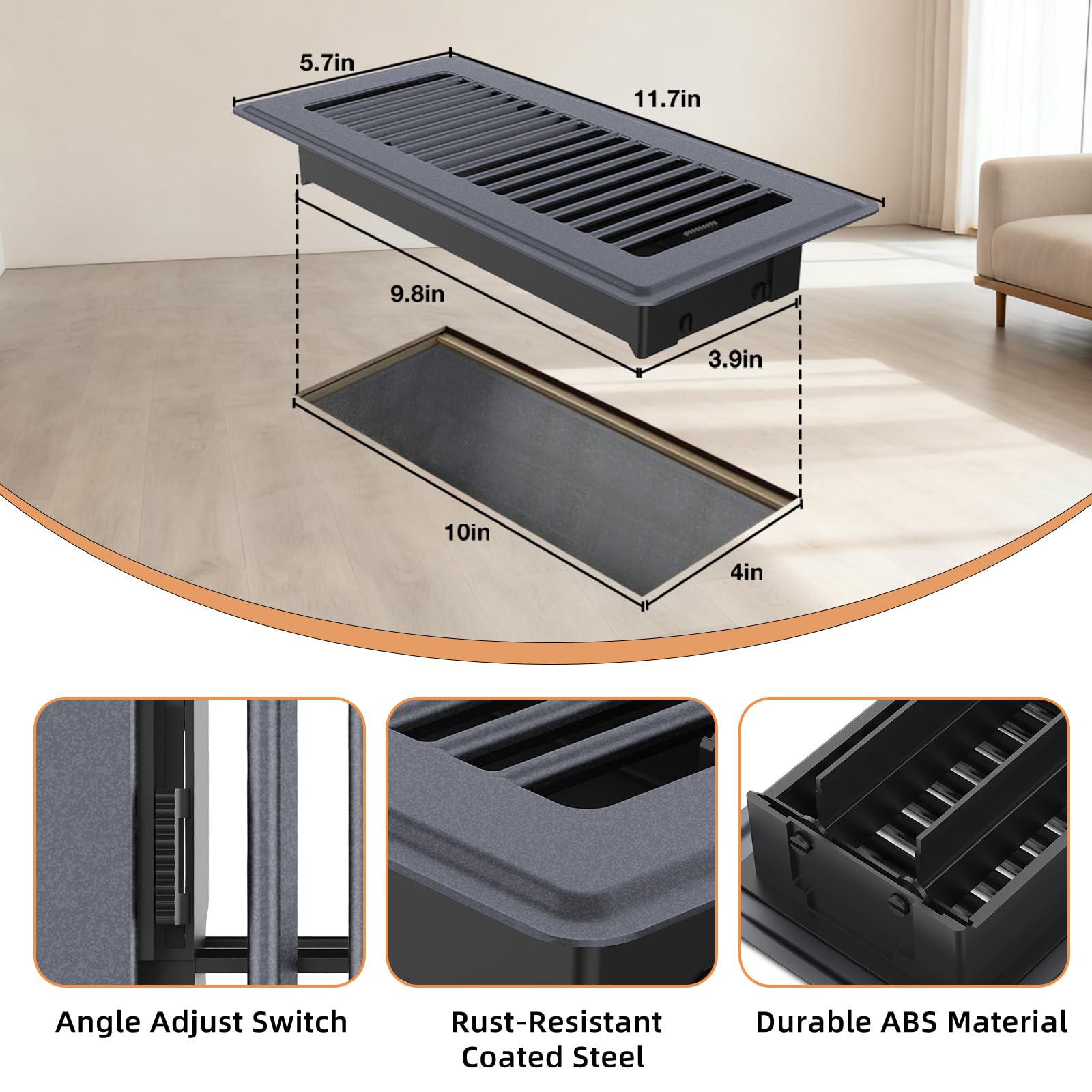 JSLIN floor register side view highlights rust-resistant steel and sturdy ABS base