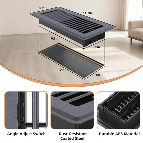 JSLIN floor register side view highlights rust-resistant steel and sturdy ABS base