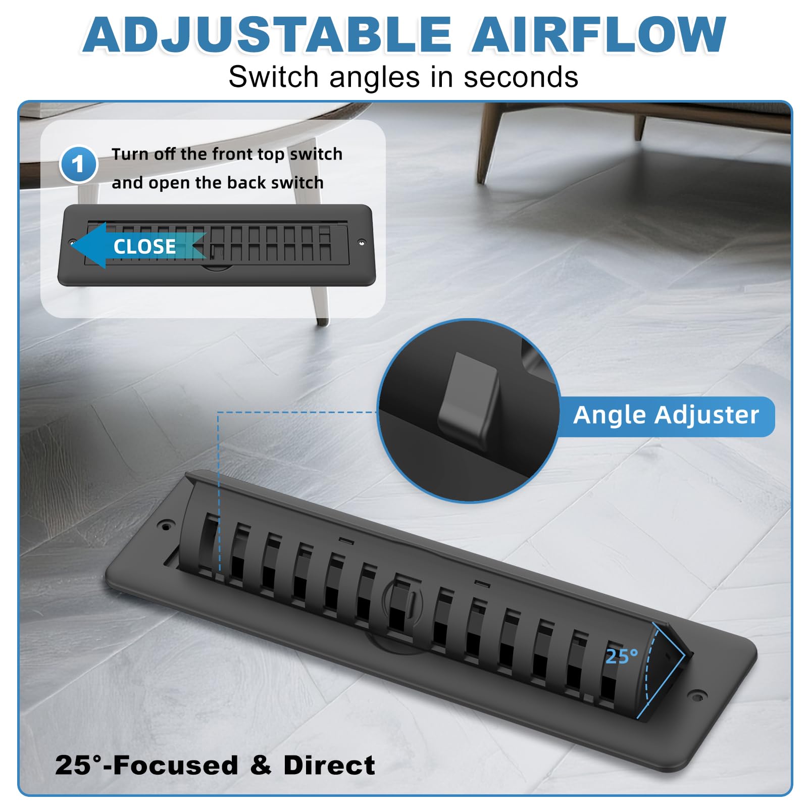 JSLIN toe kick vent cover blends with flooring while directing airflow