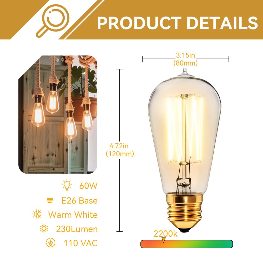 Amber warm 2200K ST58 bulb by Jslinter with vintage Edison look