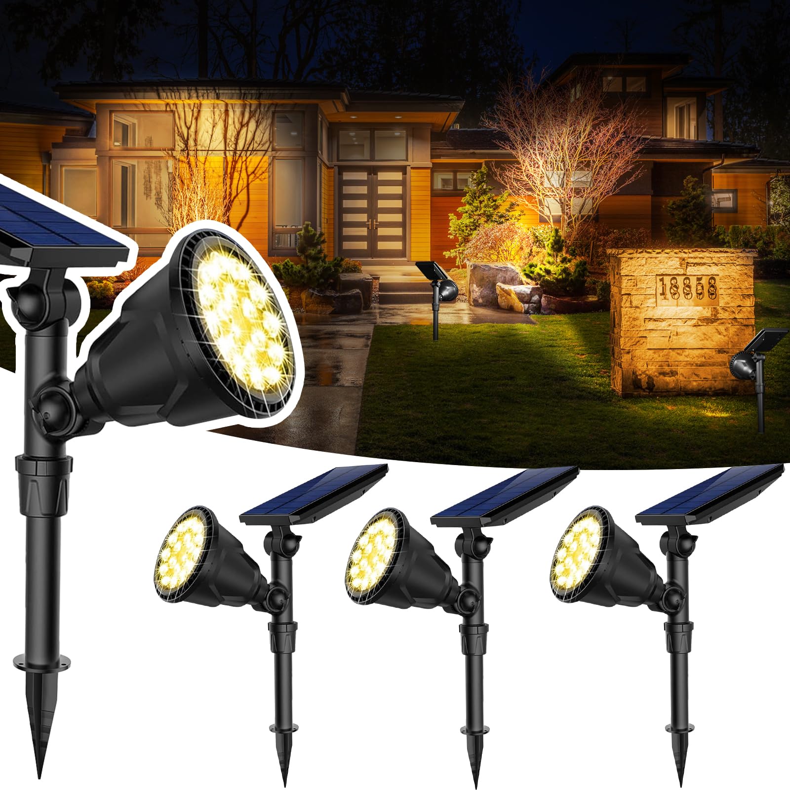 JSOT 600-lumen solar spotlight lighting a garden path at dusk.