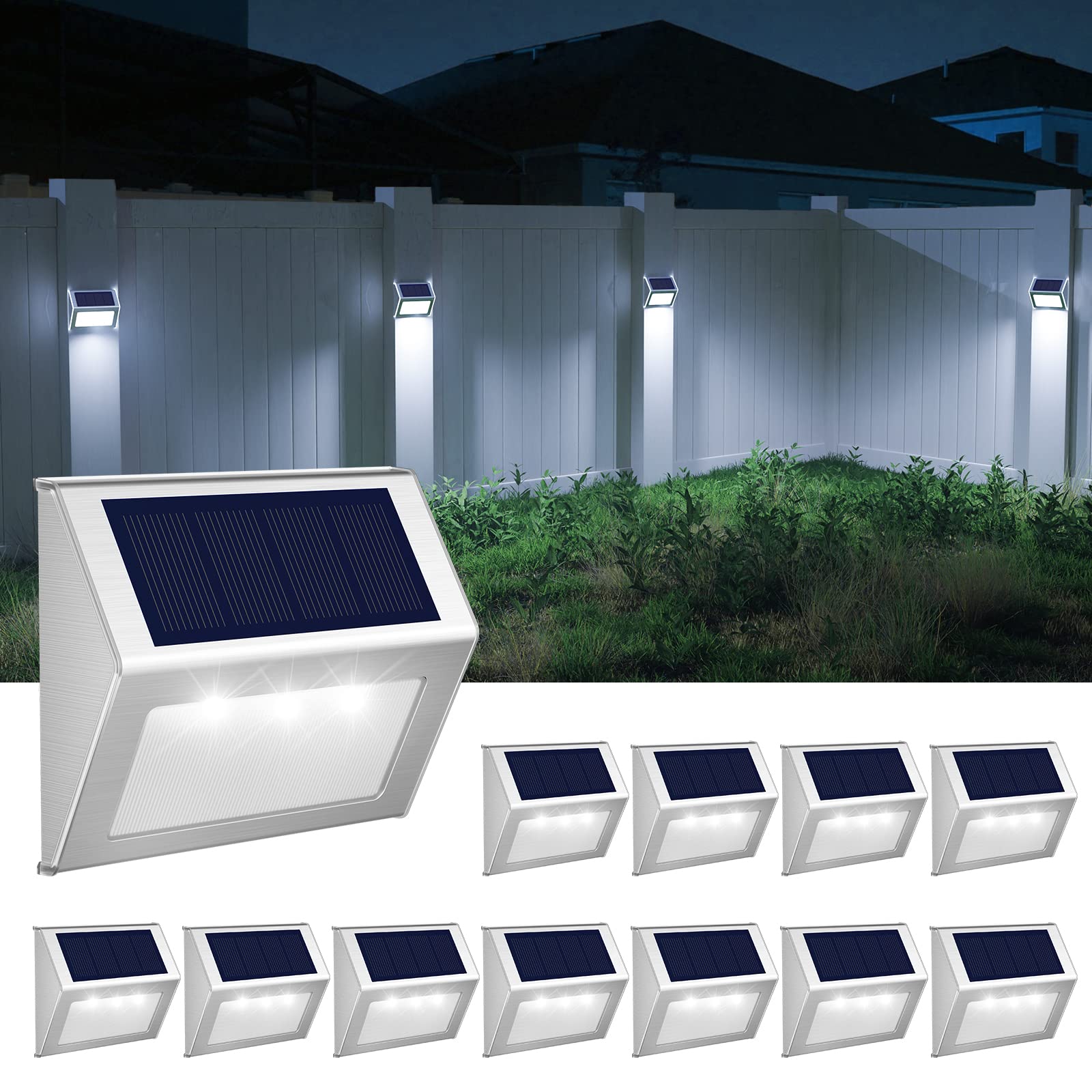 JSOT outdoor fence lights illuminate fence lines with cool white LEDs for safer walkways.
