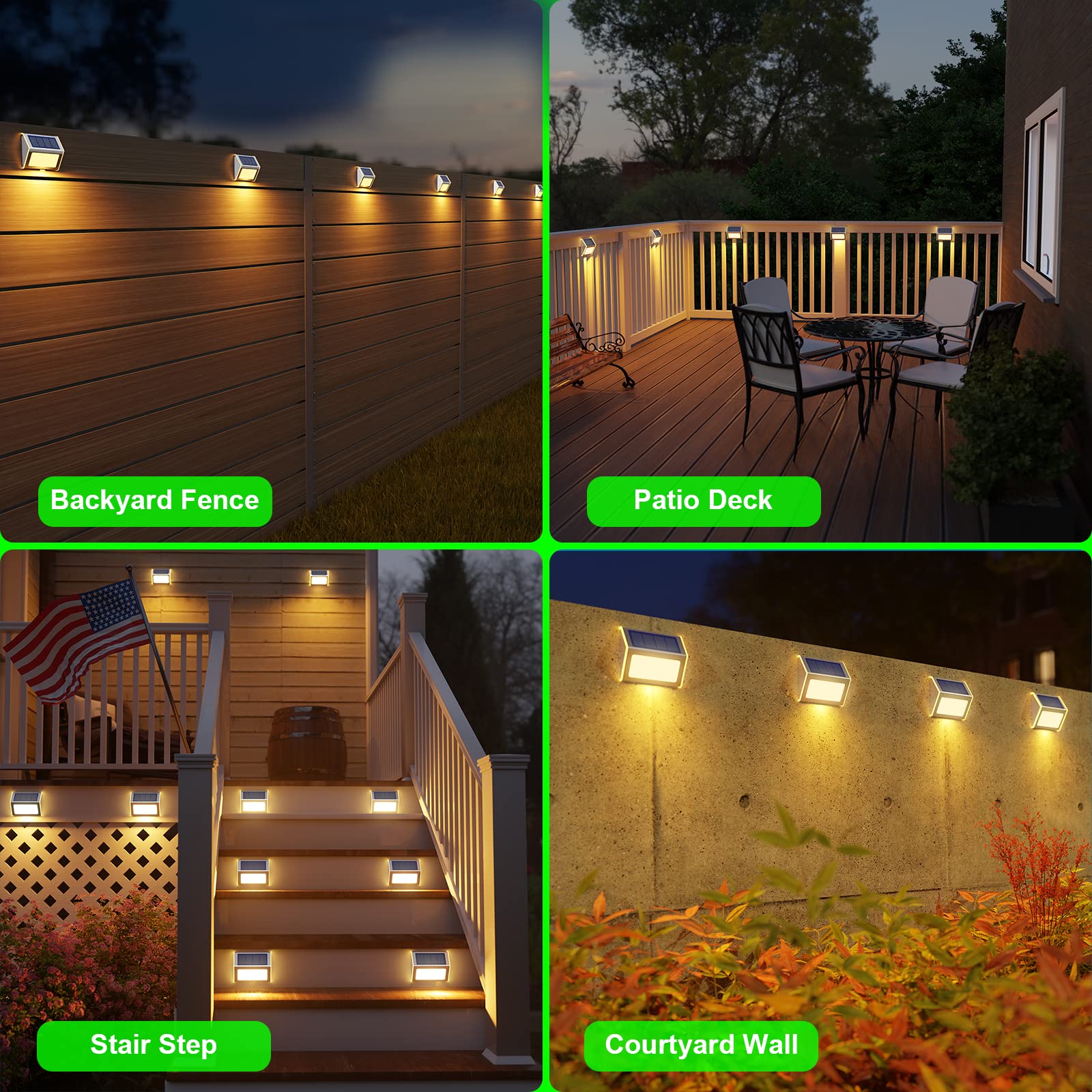 JSOT Solar Fence Lights along deck edge offer warm evening glow.