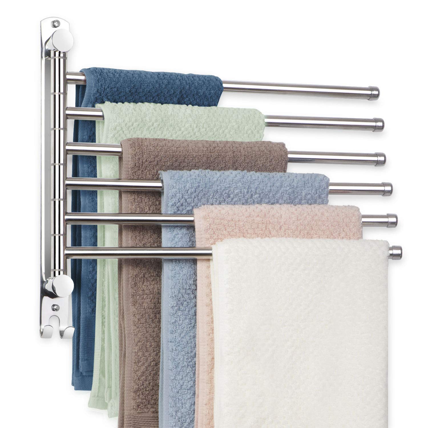 JSVER wall-mounted towel rack with six swiveling arms for organized towels.