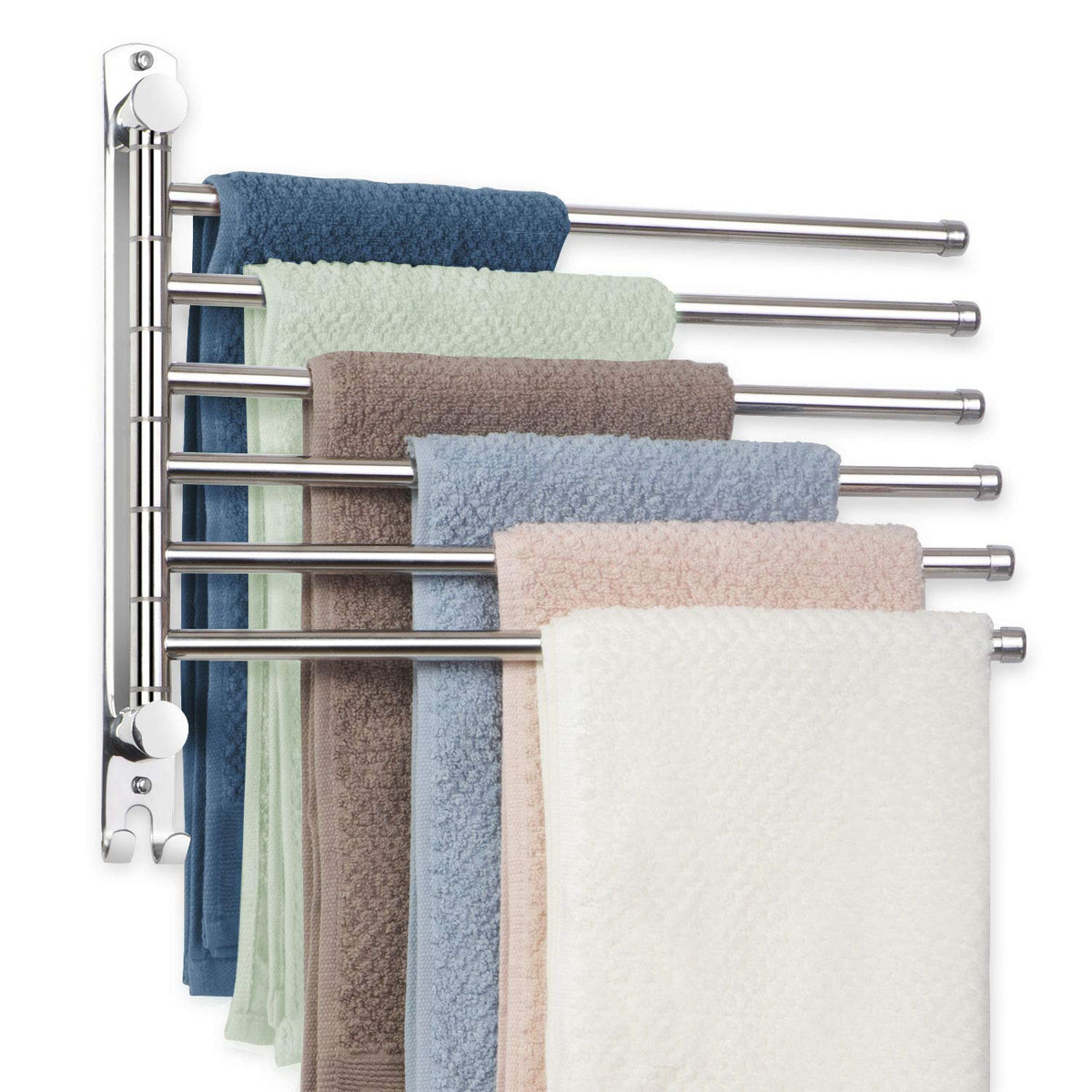 JSVER wall-mounted towel rack with six swiveling arms for organized towels.