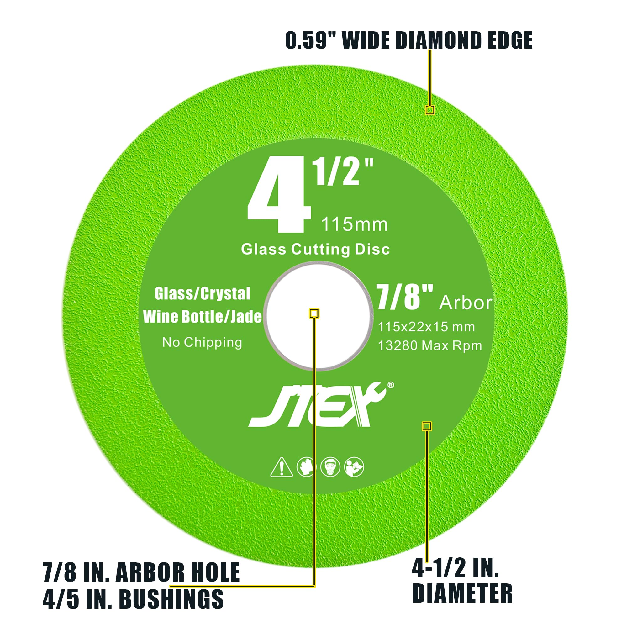 JTEX angle grinder with 7/8-inch arbor delivers fast, clean cuts on glass and tile.