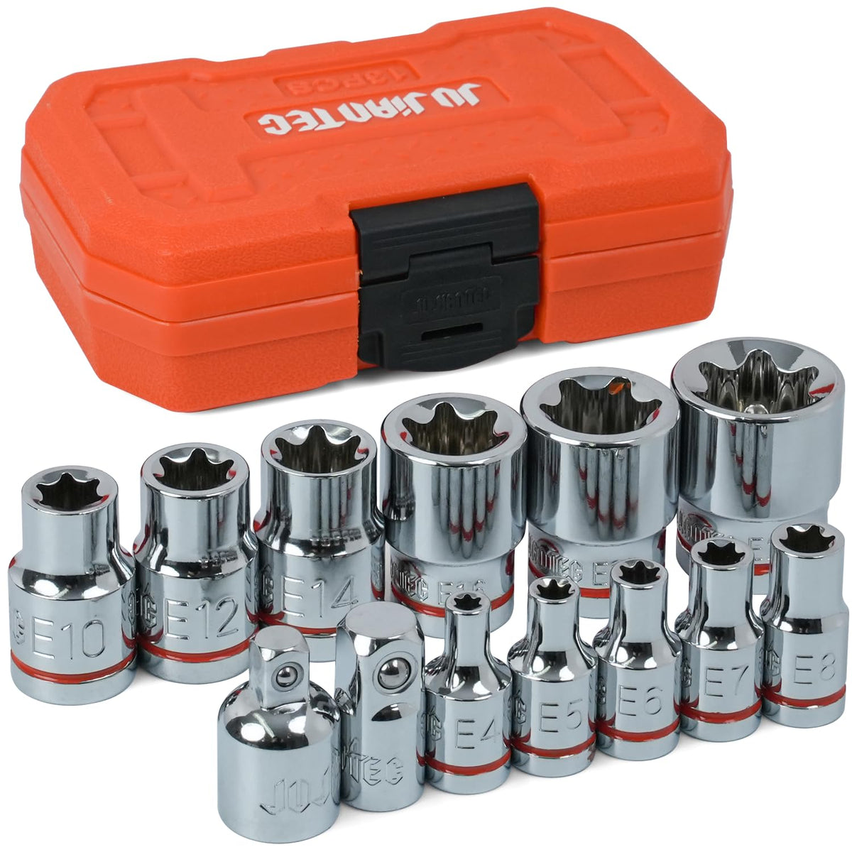 JU JIAN TEC 13-piece E-Torx socket set case for quick access and portability.