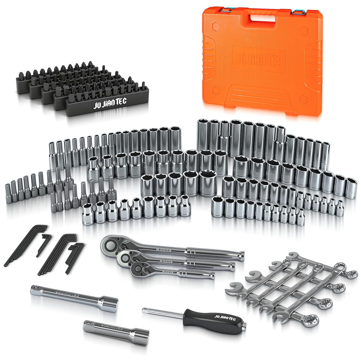JU JIAN TEC 201-piece mechanic tool set with molded case for organized auto repairs.