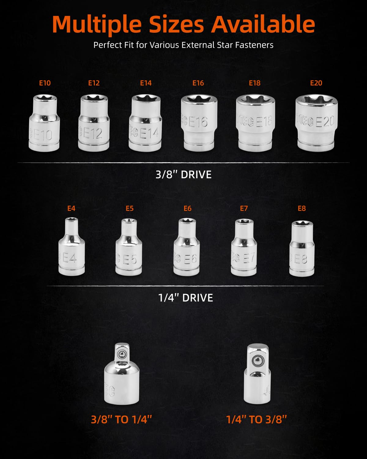 JU JIAN TEC E4-E6 sockets close-up highlights cam-out resistance and secure grip.