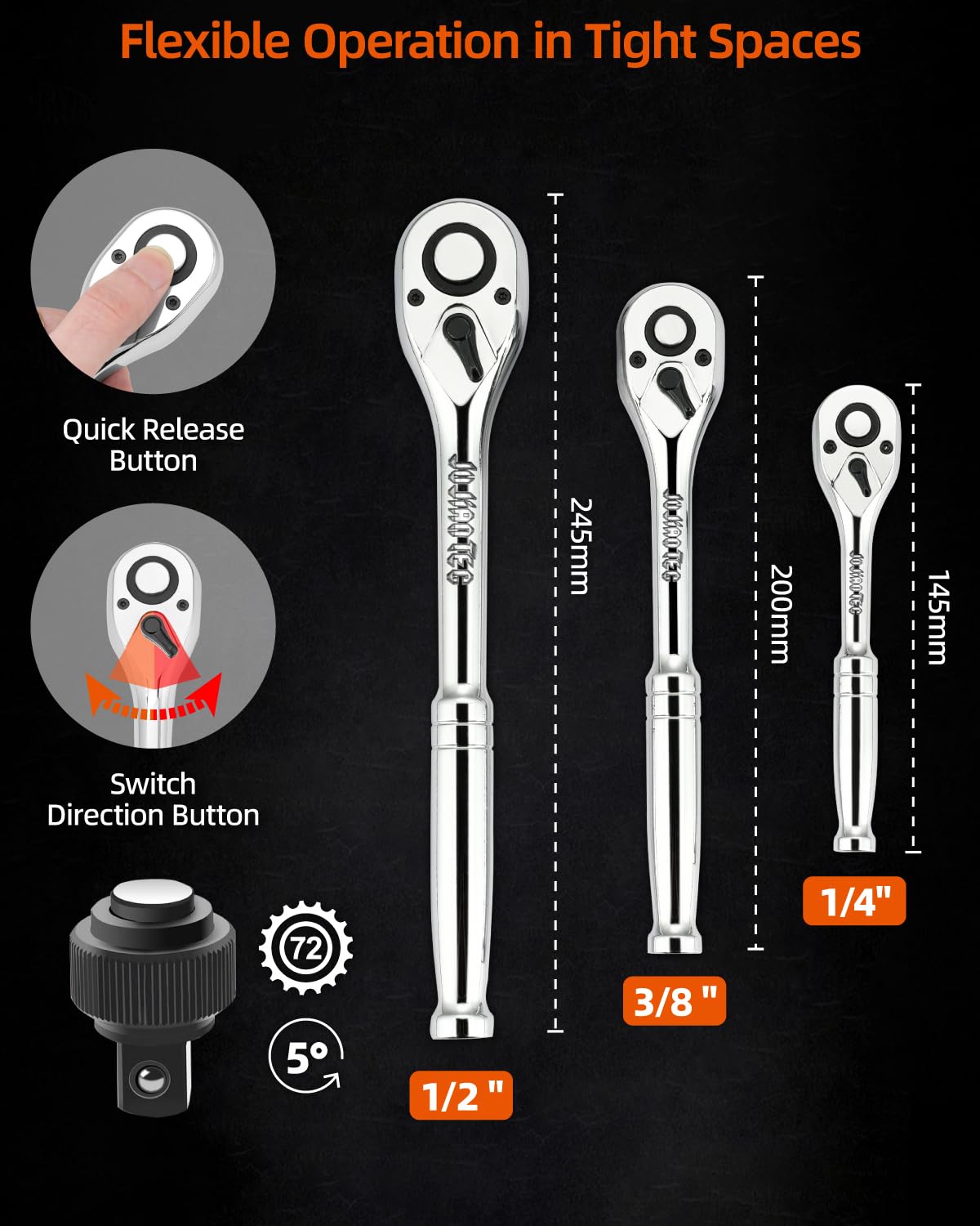 JU JIAN TEC extension bars and wrenches enable reach in tight spaces.